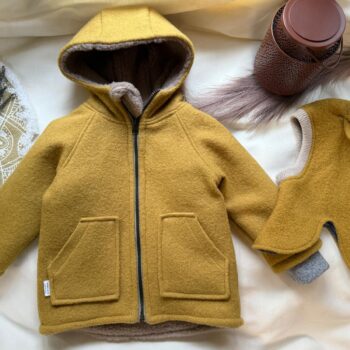 Jacheta lana fiarta premium cu blanita pufoasa - Ochre